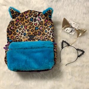 Girls Leopard Backpack & Cat Ear Headband Set